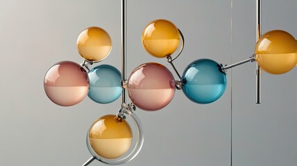 Poster - A modern chandelier with colorful glass spheres suspended by metal rods against a gray background