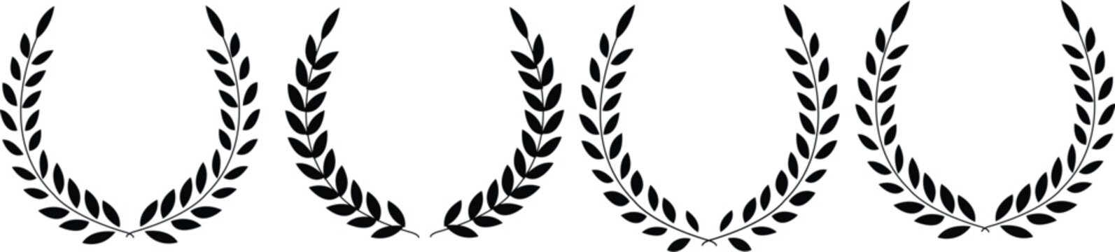 set black silhouette circular laurel foliate wheat and oak wreaths depicting an award achievement heraldry nobility on white background emblem floral greek branch flat style stock vector