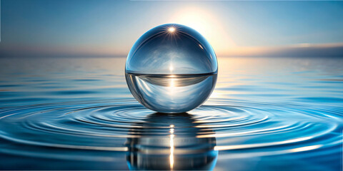 Poster - Clear glass sphere reflects sunlight over calm water at sunrise creating ripples in the serene lake environment