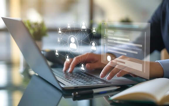 Person typing on laptop with digital network graphic