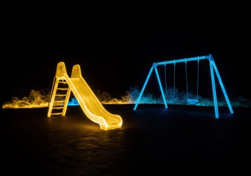 A glowing playground with a yellow slide and a blue swing set against a black background at night