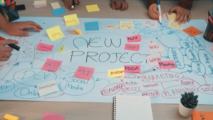 Poster - Diverse hands engage in a dynamic brainstorming session using sticky notes to organize and develop project ideas, showcasing collaboration and creativity in the workplace. SACTR