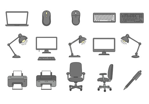 Illustration of office equipment laptop mouse monitor keyboard lamp chair printer pen