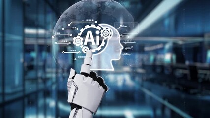 Poster - A futuristic robot hand gestures towards an artificial intelligence concept surrounded by digital elements, depicting innovation and communication in technology. Auvana