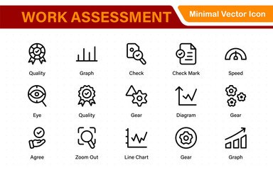 Poster - Work Assessment Icons. Features audit documents, profit-loss statements, budget reviews, compliance checks, and accounting dashboards.