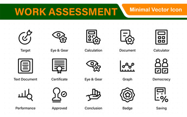Poster - Work Assessment Icons. Features audit documents, profit-loss statements, budget reviews, compliance checks, and accounting dashboards.