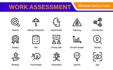 Poster - Work Assessment Icons. Features audit documents, profit-loss statements, budget reviews, compliance checks, and accounting dashboards.