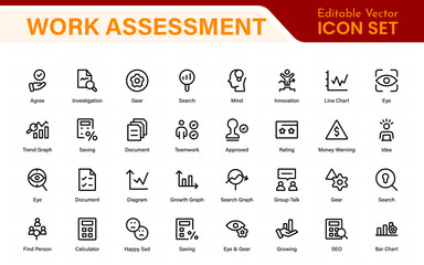 Poster - Work Assessment Icons. Features audit documents, profit-loss statements, budget reviews, compliance checks, and accounting dashboards.