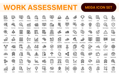 Poster - Work Assessment Icons. Features audit documents, profit-loss statements, budget reviews, compliance checks, and accounting dashboards.