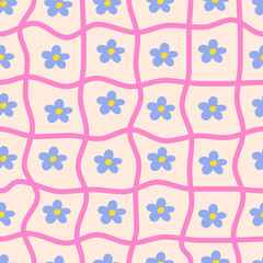 Aufkleber - Seamless pattern of thin curved checkered lines and daisy flowers on a beige background. Blue, pink and beige colors. Twisted checkered wavy texture. Vector illustration	