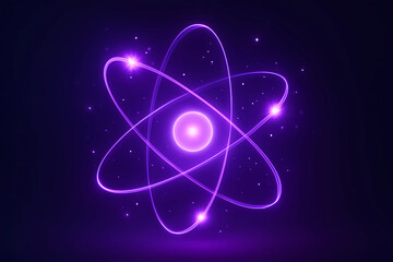 Wall Mural - glowing purple atom with orbiting sparks on dark background, luminous 3d illustration of quantum or 