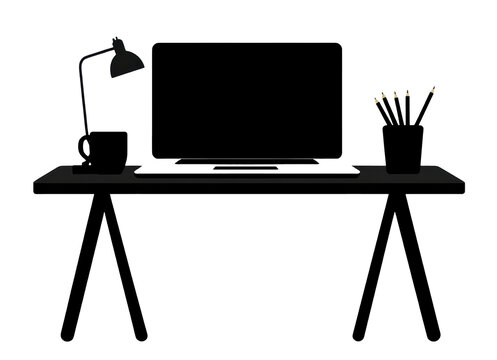 Minimalist black and white illustration of modern desk setup with computer, lamp, coffee mug, and pencil holder, evoking simplicity and focus