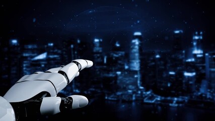 Poster - Futuristic robot artificial intelligence enlightening AI technology development and machine learning concept. Global robotic bionic science research for future of human life. 3D rendering graphic.