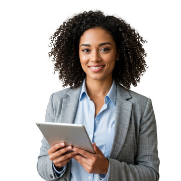 Smiling professional woman with curly hair holding a tablet computer looking directly at the camera isolated on transparent background