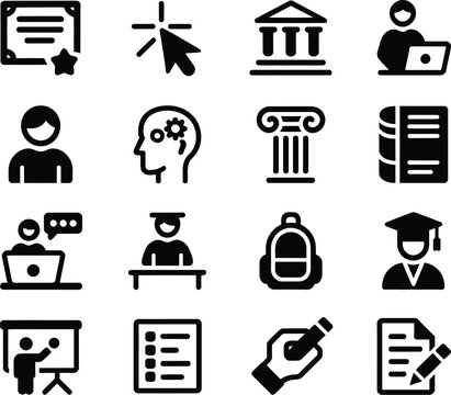 Black and white icon set for education knowledge learning technology and business