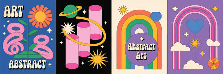 Poster - Art & Abstract Posters: A collection of four vividly illustrated abstract art posters, each radiating with its unique blend of retro design aesthetics.