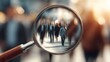 © Almarkha9 - A close-up of a magnifying glass focusing on a blurred crowd of people walking outdoors in a city.  The background is softly blurred, emphasizing the group within the lens