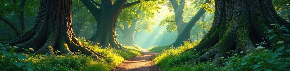 Wall Mural - Enchanted forest path winding through giant trees, dappled sunlight filtering through leaves, mystical atmosphere, vibrant flora and fauna , journey, serene, wood