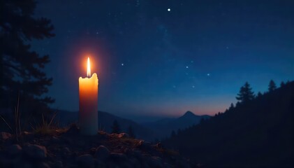 Wall Mural - Silhouette of a single candle flickering against a dark night sky, stars twinkling, conveying a sense of hope and quiet reflection during the witching hour , wishes, calm
