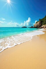 Wall Mural - Sun-drenched beach scene, vibrant turquoise water lapping golden sand, perfect for summer vacation postcards and travel blogs Ideal for relaxation and escape themes , escape, sand, coastline