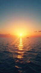 Wall Mural - Vast, tranquil Pacific Ocean horizon at sunrise Golden light paints the sky, reflecting on the calm water Perfect for travel, nature, or serenity themes , sun, pure