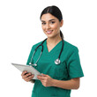 © Shahnaj - Smiling young female healthcare professional wearing green scrubs holding a clipboard isolated on transparent background