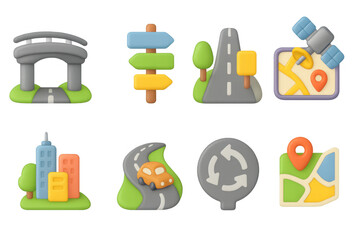 Poster - Colorful 3d navigation icons set featuring roads, maps, and landmarks