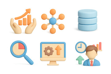 Poster - 3d business icons: analytics, charts, management, and data visualization