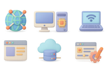 Poster - Cute 3d tech icons featuring computer, network, and cloud elements