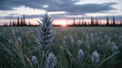Wall Mural - Close up of a spiky blue grass seed head in a field at sunset with a blurred background of trees