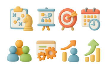 Poster - Colorful 3d business management icons set with strategy and analytics symbols