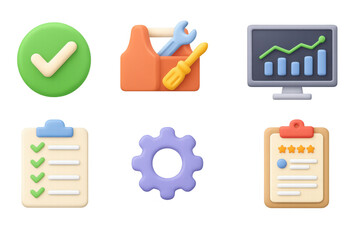 Aufkleber - 3d business tools icons with chart, checklist, settings, and toolbox elements