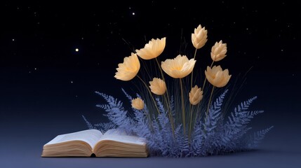 Wall Mural - Open book rests near delicate yellow flowers and blue ferns under a starry night sky