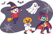 © Hamza - Cute cartoon characters in halloween costumes including a witch vampire pumpkin and ghost celebrating the spooky holiday together with bats and spiderwebs