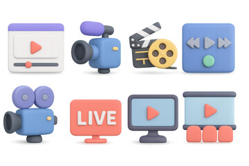 Poster - 3d media icons collection: play, record, and live stream elements for digital use