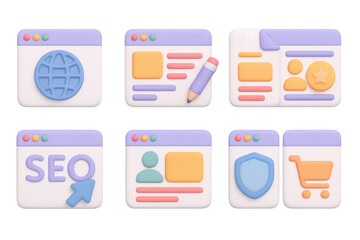Poster - 3d website elements: global, profile, seo, security, and shopping icons for digital concepts