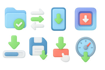 Poster - 3d download icons collection: arrow, folder, navigation elements in pastel colors