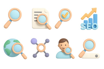 Poster - 3d magnifying glass icons set with seo and analytics symbols