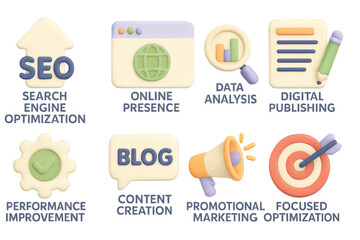Fototapete - Creative 3d icons for seo, online presence, and digital marketing strategies