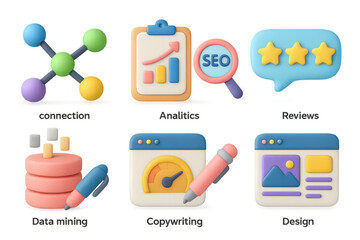 Fototapete - Colorful 3d icons for digital marketing and data analysis with fun designs