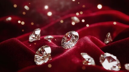 Poster - Sparkling Diamonds on Luxurious Red Velvet Fabric with Bokeh Effect in Soft Focus 4k video footage