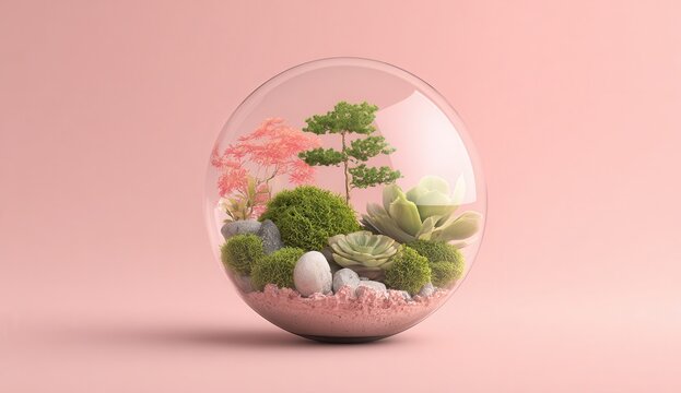 3D rendering of a terrarium with moss, a small tree, and succulents inside a glass ball on a table against a pastel background. Close-up view. A modern design element for artwork.