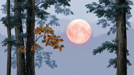 Wall Mural - Full pink moon behind trees with autumn leaves on a hazy sky full moon