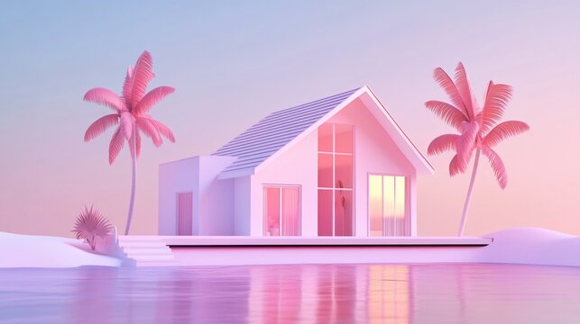 A minimalist white house with pink palm trees in a pastel colored setting with water reflections