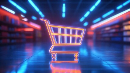 Poster - Neon Shopping Cart Glowing in an Aisle of a Modern Retail Store at Night 4k video footage