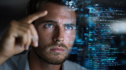 Analyzing code patterns office environment digital interaction technology close-up view data insight