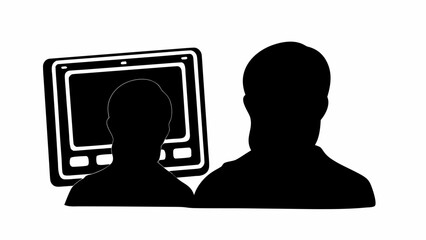 Poster - Silhouettes of two people one in front of a screen showing a person in black and white graphic style
