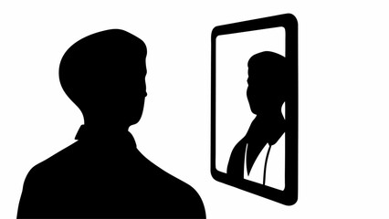 Poster - Silhouette of a man looking at a framed silhouette of a woman against a white background in monochrome