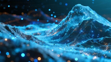 Wall Mural - Luminous Blue Landscape with Glittering Particles and Mountain Silhouettes