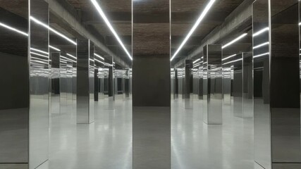 Poster - Reflective Columns in Modern Art Space with Symmetrical Design and Futuristic Ambiance 4k video footage